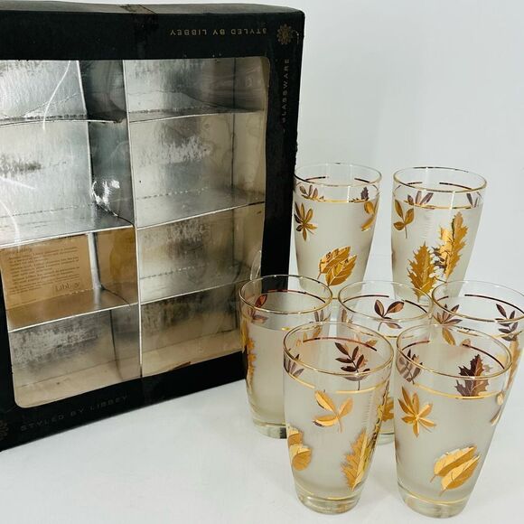 7 Vintage 60s Libbey Frosted Gold Autumn Leaves High Ball Water Glasses NIB MCM - Picture 1 of 14